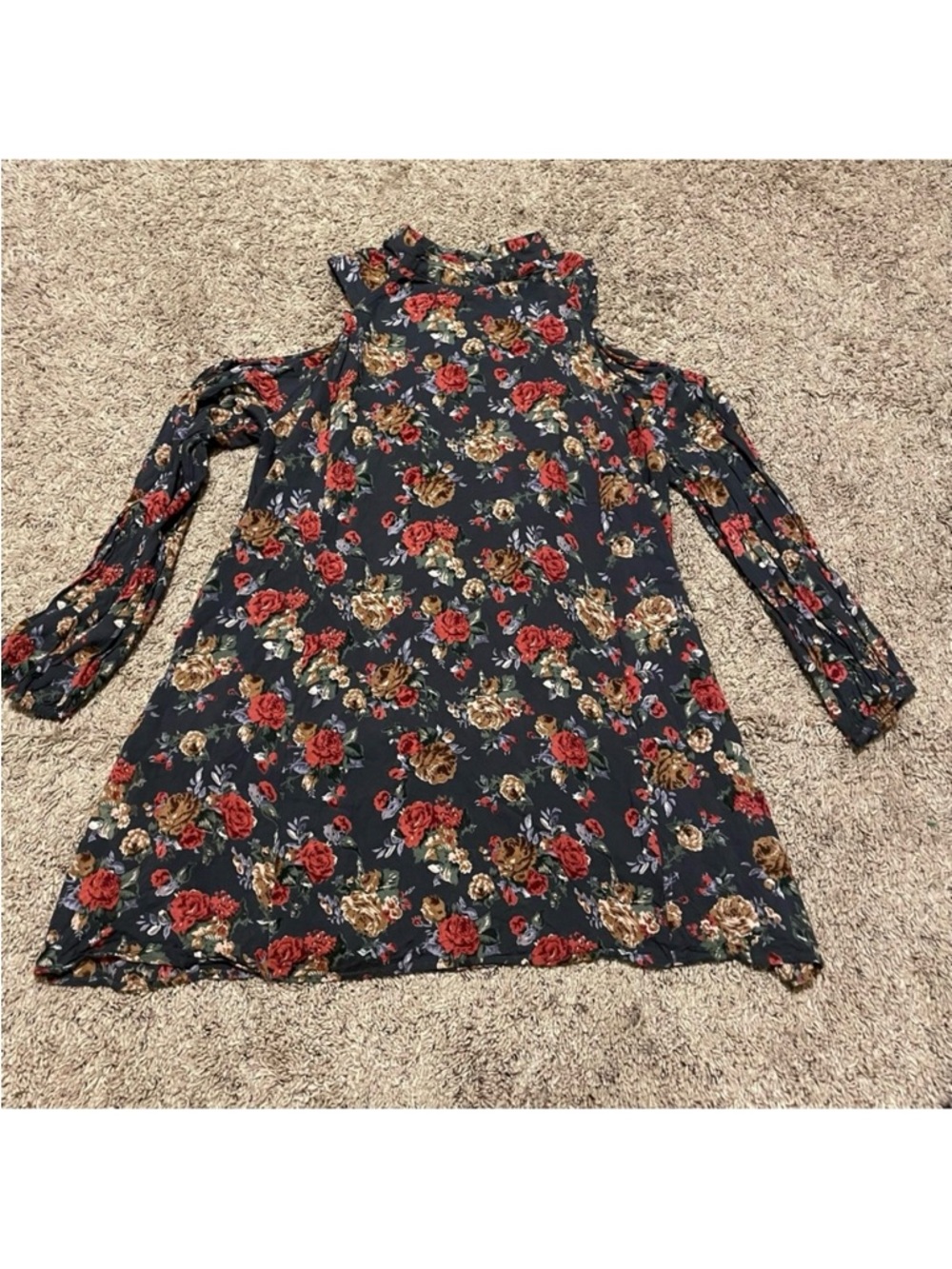 Angie Navy Floral Long Sleeve Sundress With Mock Neck & Cold Shoulder